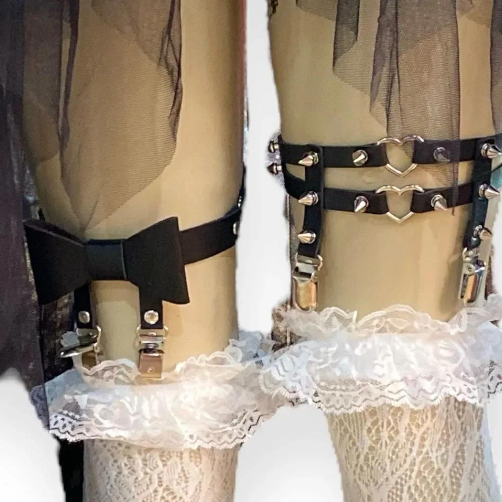 Black Leather Lace Thigh Harness Silver Heart Spiked Legwear Garter Belts - NEW